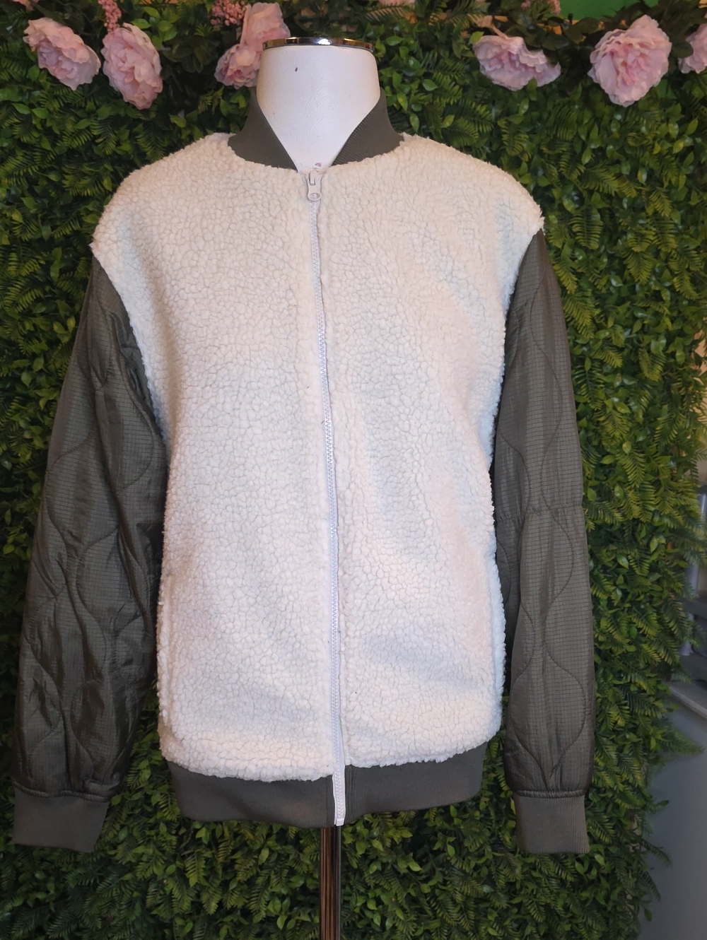 Original Use Olive Green & White Sherpa Bomber Jacket